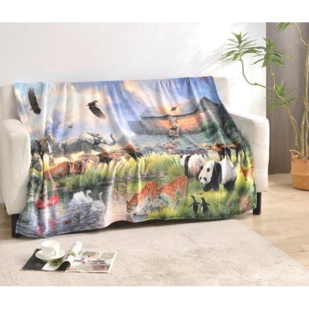 New Noah's Ark Plush Throw Blanket Gift Animals Noah Noahs Boat Genesis Flood - Picture 3 of 5